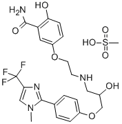 CAS 登录号：105737-62-0， (±)-2-羟基-5-[2-[[2-羟基-3-[4-[1-甲基-4-(三氟甲基)-1H-咪唑-2-基]苯氧基]丙基]氨基]乙氧基]-苯甲酰胺甲烷磺酸盐