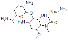 CAS 登录号：107480-97-7， N-[4-氨基-3-[3-氨基-6-(1-氨基乙基)四氢吡喃-2-基]氧基-2-羟基-6-甲氧基环己基]-2-(氨基亚甲基氨基)-N-甲基乙酰胺