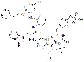CAS 登录号：109525-32-8， (3S)-3-[[(2S)-2-[[(2R)-3-(1H-吲哚-3-基)-2-[[2-[[(2S)-2-[[(2S)-2-[(2-甲基丙烷-2-基)氧基羰基氨基]-3-(4-磺基氧基苯基)丙酰]氨基]-4-甲硫基丁酰基]氨基]乙酰基]氨基]丙酰]氨基]己酰]氨基]-4-氧代-4-(2-苯基乙氧基)丁酸