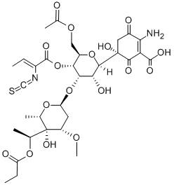 CAS 登录号：113603-73-9， 5-[6-(乙酰氧基甲基)-3-羟基-4-[5-羟基-4-甲氧基-6-甲基-5-(1-丙酰氧基乙基)四氢吡喃-2-基]氧基-5-[(E)-2-异硫氰酸基丁-2-烯酰基]氧基四氢吡喃-2-基]-2-氨基-5-羟基-3,6-二氧代环己烯-1-羧酸