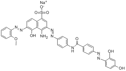 CAS 登录号：116978-88-2， (6E)-4-氨基-3-[4-[[4-[(2Z)-2-(2-羟基-4-氧代-1-环己-2,5-二烯亚基)肼基]苯甲酰基]氨基]苯基]偶氮-6-[(2-甲氧基苯基)亚肼基]-5-氧代萘-1-磺酸