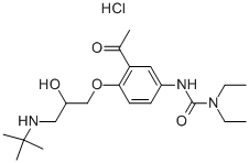 CAS 登录号：125638-91-7， (+)-3-(3-乙酰基-4-(3-(叔丁基氨基)-2-羟基丙氧基)苯基)-1,1-二乙基脲盐酸盐