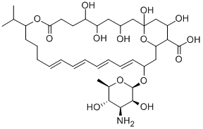 CAS 登录号：130767-46-3， (4E,6E,8E,10Z)-3-[(2R,3S,4S,5S,6R)-4-氨基-3,5-二羟基-6-甲基四氢吡喃-2-基]氧基-20,21,23,25,27-五羟基-17-氧代-15-丙-2-基-16,29-二氧杂双环[23.3.1]二十九-4,6,8,10-四烯-28-羧酸