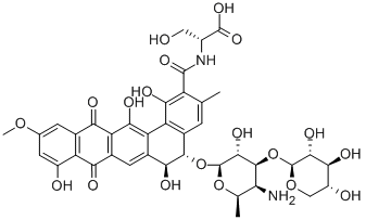 CAS 登录号：131443-10-2， (5S-反式)-N-((5-((4-氨基-4,6-二脱氧-3-O-beta-D-吡喃木糖基-beta-D-吡喃半乳糖基)氧基)-5,6,8,13-四氢-1,6,9,14-四羟基-11-甲氧基-3-甲基-8,13-二氧代苯并(a)丁省-2-基)羰基)-D-丝氨酸