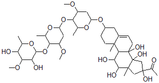 CAS 登录号：131889-89-9， 1-[3-[5-[5-(3,5-二羟基-4-甲氧基-6-甲基四氢吡喃-2-基)氧基-4-甲氧基-6-甲基四氢吡喃-2-基]氧基-4-甲氧基-6-甲基四氢吡喃-2-基]氧基-8,11,12,14,16-五羟基-10,13-二甲基-1,2,3,4,7,9,11,12,15,17-十氢环戊烯并[a]菲-16-基]乙酮