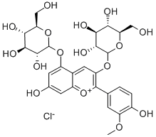 CAS 登录号：132-37-6， (2S,3R,4S,5S,6R)-2-[7-羟基-2-(4-羟基-3-甲氧基苯基)-5-[(2S,3R,4S,5S,6R)-3,4,5-三羟基-6-(羟基甲基)四氢吡喃-2-基]氧基苯并吡喃基鎓-3-基]氧基-6-(羟基甲基)四氢吡喃-3,4,5-三醇氯化物