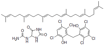 CAS 登录号：132316-37-1， (2,5-二氧代-4-咪唑烷基)脲与(all-E)-2,6,10,15,19,23-六甲基-2,6,10,14,18,22-二十四碳六烯和2,2'-亚甲基二(3,4,6-三氯苯酚)的混合物