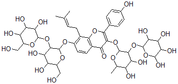 CAS 登录号：137218-01-0， 7-[4,5-二羟基-6-(羟基甲基)-3-[3,4,5-三羟基-6-(羟基甲基)四氢吡喃-2-基]氧基四氢吡喃-2-基]氧基-3-[4,5-二羟基-6-甲基-3-(3,4,5,6-四羟基四氢吡喃-2-基)氧基四氢吡喃-2-基]氧基-2-(4-羟基苯基)-8-(3-甲基丁-2-烯基)苯并吡喃-4-酮