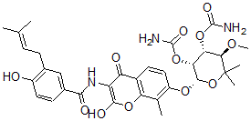 CAS#: 138686-58-5, [(3R,4R,5R,6S)-5-Carbamoyloxy-6-[2-Hydroxy-3-[[4-Hydroxy-3-(3-Methylbut-2-Enyl)Benzoyl]Amino]-8-Methyl-4-Oxochromen-7-Yl]Oxy-3-Methoxy-2,2-Dimethyloxan-4-Yl] Carbamate