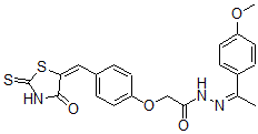 CAS 登录号：139298-37-6， N-[1-(4-甲氧基苯基)乙亚基氨基]-2-[4-[(E)-(4-氧代-2-硫代-1,3-噻唑烷-5-亚基)甲基]苯氧基]乙酰胺