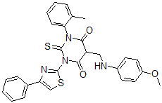 CAS#: 139356-81-3, 5-[[(4-Methoxyphenyl)Amino]Methyl]-1-(2-Methylphenyl)-3-(4-Phenyl-1,3-Thiazol-2-Yl)-2-Sulfanylidene-1,3-Diazinane-4,6-Dione