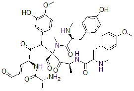 CAS 登录号：140679-94-3， (2S)-N-[(E,2S,4S,7S)-7-[[(2R)-2-氨基丙烷酰基]氨基]-4-甲酰基-5-(3-羟基-4-甲氧基苯基)-2-[[(Z)-3-(4-甲氧基苯基)-2-甲基氨基丙-2-烯酰基]氨基]-3,6,10-三氧代癸-8-烯-4-基]-3-(4-羟基苯基)-N-甲基-2-甲基氨基丙烷酰胺