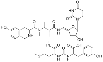 CAS 登录号：144379-26-0， 2-[[1-[[1-[[(Z)-[5-(2,4-二氧代-1,3-二嗪农-1-基)-4-羟基四氢呋喃-2-亚基]甲基]氨基]-3-[(6-羟基1,2,3,4-四氢异喹啉-3-羰基)-甲基氨基]-1-氧代丁烷-2-基]氨基]-4-甲硫基-1-氧代丁烷-2-基]氨基甲酰氨基]-3-(3-羟基苯基)丙酸
