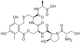 CAS 登录号：147214-63-9， (2S)-2-[[(5S,8R)-5-[[(2S,3R)-1-(2-氨基-3-羟基丙酰基)-3-羟基吡咯烷-2-羰基]氨基]-13,15-二羟基-16-甲基-2,6-二氧代3-氧杂-10-硫杂-7-氮杂双环[10.4.0]十六-1(16),12,14-三烯-8-羰基]氨基]丙酸
