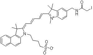 CAS 登录号：149021-66-9， 4-{2-[5-(5-{[(碘乙酰基)氨基]甲基}-1,3,3-三甲基-3H-吲哚鎓-2-基)-2,4-戊二烯-1-亚基]-1,1-二甲基-1,2-二氢-3H-苯并[E]吲哚-3-基}-1-丁烷磺酸内盐