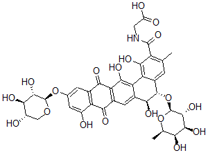 CAS 登录号：149598-63-0， (5S-反式)-N-((5-((6-脱氧-beta-D-吡喃半乳糖基)氧基)-5,6,8,13-四氢-1,6,9,14-四氢-3-甲基-8,13-二氧代-11-(beta-L-吡喃木糖基氧基)苯并(a)丁省-2-基)羰基)-甘氨酸