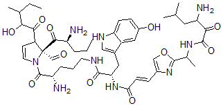 CAS 登录号：155547-93-6， 3-氨基-N-[1-[4-[(E)-3-[[(2S)-1-[[(4S)-4-氨基-5-[(2S)-2-[(2S)-2-氨基戊酰基]-2-甲酰基-3-(2-羟基-3-甲基戊酰基)-3H-吡咯-1-基]-5-氧代戊基]氨基]-3-(5-羟基-1H-吲哚-3-基)-1-氧代丙烷-2-基]氨基]-3-氧代丙-1-烯基]-1,3-恶唑-2-基]乙基]-5-甲基-2-氧代己酰胺