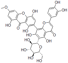CAS 登录号：155740-03-7， 2-[2-(3,4-二羟基苯基)-5,7-二羟基-4-氧代-6-[(2S,3R,4R,5S,6R)-3,4,5-三羟基-6-(羟基甲基)四氢吡喃-2-基]苯并吡喃-8-基]-1,4,8-三羟基-6-甲氧基氧杂蒽-9-酮
