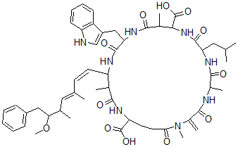 CAS 登录号：157622-02-1， 15-(1H-吲哚-3-基甲基)-18-[(1Z,3E)-6-甲氧基-3,5-二甲基-7-苯基庚-1,3-二烯基]-1,5,12,19-四甲基-2-亚甲基-8-(2-甲基丙基)-3,6,9,13,16,20,25-七氧代-1,4,7,10,14,17,21-七氮杂环二十五烷-11,22-二甲酸