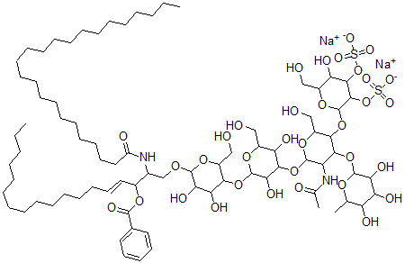 CAS 登录号：162635-34-9， [2-[5-乙酰氨基-6-[2-[4,5-二羟基-2-(羟基甲基)-6-[(E)-3-苯基羰基氧基-2-(二十四烷酰基氨基)十八碳-4-烯氧基]四氢吡喃-3-基]氧基-3,5-二羟基-6-(羟基甲基)四氢吡喃-4-基]氧基-2-(羟基甲基)-4-(3,4,5-三羟基-6-甲基-四氢吡喃-2-基)氧基-四氢吡喃-3-基]氧基-5-羟基-6-(羟基甲基)-4-磺酸氧基-四氢吡喃-3-基]硫酸酯二钠盐
