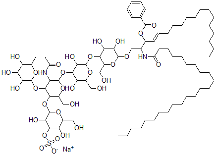 CAS 登录号：162635-35-0， [2-[5-乙酰氨基-6-[2-[6-[(E)-3-(苯甲酰氧基)-2-(二十四烷酰基氨基)十八碳-4-烯氧基]-4,5-二羟基-2-(羟基甲基)四氢吡喃-3-基]氧基-3,5-二羟基-6-(羟基甲基)四氢吡喃-4-基]氧基-2-(羟基甲基)-4-(3,4,5-三羟基-6-甲基四氢吡喃-2-基)氧基四氢吡喃-3-基]氧基-3,5-二羟基-6-(羟基甲基)四氢吡喃-4-基]硫酸酯钠盐