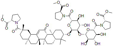 CAS 登录号：171259-64-6， 1-((3-beta,20-beta)-3-(((S)-6-脱氧-2-O-((S)-6-脱氧-6-(2-(甲氧羰基)-1-吡咯烷基)-6-氧代-beta-D-吡喃葡萄糖基)-6-(2-(甲氧羰基)-1-吡咯烷基)-6-氧代-alpha-D-吡喃葡萄糖基)氧基)-11,29-二氧代齐墩果-12-烯-29-基)-L-脯氨酸甲酯