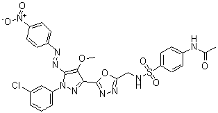 CAS 登录号：172701-72-3， N-(4-((((5-(1-(3-氯苯基)-4-甲氧基-5-((4-硝基苯基)偶氮)-1H-吡唑-3-基)-1,3,4-恶二唑-2-基)甲基)氨基)磺酰基)苯基)-乙酰胺