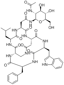 CAS 登录号：183747-35-5， (2S)-2-[[(3S,6S,9S,12S)-12-[[(2S)-4-[[(2R,3R,4R,5S,6R)-3-乙酰氨基-4,5-二羟基-6-(羟基甲基)四氢吡喃-2-基]氨基]-2-氨基-4-氧代丁酰基]氨基]-9-(1H-吲哚-3-基甲基)-5,8,11,14-四氧代-6-(苯基甲基)1,4,7,10-四氮杂环十四烷-3-羰基]氨基]-4-甲基戊酸