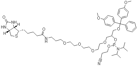 CAS 登录号：198080-44-3， 二(1-甲基乙基)-亚膦酰胺基酸 1-[[二(4-甲氧基苯基)苯基甲氧基]甲基]-21-[(3aS,4S,6aR)-六氢-2-氧代-1H-噻吩并[3,4-d]咪唑-4-基]-17-氧代-3,6,9,12-四氧杂-16-氮杂二十一烷-1-基 2-氰基乙基酯