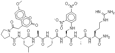 CAS 登录号：256394-92-0， (2S)-N-[(1S)-1-[[(1S)-2-[[(1S)-1-[[(1S)-2-[[(1S)-2-[[(1S)-1-氨基甲酰-4-胍基-丁基]氨基]-1-甲基-2-氧代-乙基]氨基]-1-[(2,4-二硝基苯胺基)甲基]-2-氧代-乙基]氨基甲酰]丙基]氨基]-1-甲基-2-氧代-乙基]氨基甲酰]-3-甲基-丁基]-1-[2-(7-甲氧基-2-氧代-苯并吡喃-4-基)乙酰基]吡咯烷-2-甲酰胺