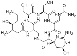 CAS 登录号：33103-21-8， 3,6-二氨基-N-[(6E)-3-(2-氨基-6-羟基-3,4,5,6-四氢嘧啶-4-基)-6-[(氨基甲酰氨基)亚甲基]-9,12-二(羟基甲基)-2,5,8,11,14-五氧代-1,4,7,10,13-五氮杂环十六烷-15-基]-4-羟基己酰胺