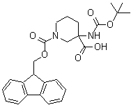 CAS 登录号：368866-19-7， 1-[(9H-芴-9-基甲氧基)羰基]-3-({[(2-甲基-2-丙基)氧基]羰基}氨基)-3-哌啶羧酸