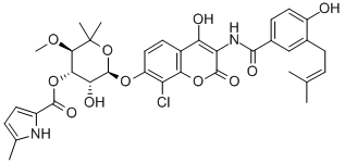 CAS 登录号：39868-96-7， [(3R,4S,5R,6S)-6-[8-氯-2-羟基-3-[[4-羟基-3-(3-甲基丁-2-烯基)苯甲酰基]氨基]-4-氧代苯并吡喃-7-基]氧基-5-羟基-3-甲氧基-2,2-二甲基四氢吡喃-4-基]5-甲基-1H-吡咯-2-羧酸酯