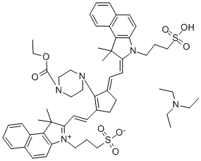 CAS#: 54849-69-3, 2-(2-(3-((1,3-Dihydro-1,1-dimethyl-3-(3-sulfopropyl)-2H-benz(e)indol-2-ylidene)ethylidene)-2-(4-(ethoxycarbonyl)-1-piperazinyl)-1-cyclopenten-1-yl)ethenyl)-1,1-dimethyl-3-(3-sulfopropyl)-1H-Benz(e)indolium inner salt N,N-diethylethanamine (1:1)