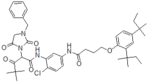 CAS#: 55697-63-7, N-(5-((4-(2,4-Bis(1,1-dimethylpropyl)phenoxy)-1-oxobutyl)amino)-2-chlorophenyl)-alpha-(2,2-dimethyl-1-oxopropyl)-2,5-dioxo-3-(phenylmethyl)-1-imidazolidinacetamide