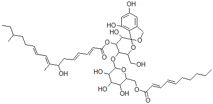 CAS#: 61036-46-2, 1,1-O-(4,6-Dihydroxy-1,2-Phenylenemethylene)-4-O-[6-O-(1-Oxo-2,4-Decadienyl)-beta-D-Galactopyranosyl]-alpha-D-Glucopyranose 3-(7-Hydroxy-8,14-Dimethylhexadeca-2,4,8,10-Tetraenoate)