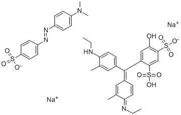 CAS 登录号：62758-15-0， 4-((4-(乙基氨基)-3-甲基苯基)(4-(乙基亚胺)-3-甲基-2,5-环己二烯-1-亚基)甲基)-1,3-苯二磺酸单钠盐与4-((4-(二甲基氨基)苯基)偶氮)苯磺酸钠(1:1)化合物