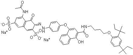 CAS 登录号：63059-47-2， 5-(乙酰氨基)-3-((4-((3-(((4-(2,4-二(1,1-二甲基丙基)苯氧基)丁基)氨基)羰基)-4-羟基-1-萘基)氧基)苯基)偶氮)-4-羟基-2,7-萘二磺酸二钠盐