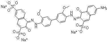 CAS 登录号：68084-22-0， 4-[2-[4'-[2-(6-氨基-1-羟基-3-磺基-2-萘基)偶氮]-3,3'-二甲氧基[1,1'-联苯]-4-基]偶氮]-3-羟基-2,7-萘二磺酸钠盐(1:3)