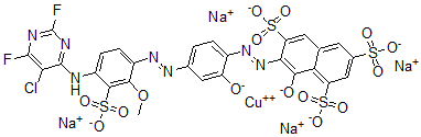 CAS#: 68239-54-3, [7-[[4-[[5-[(5-Chloro-2,6-Difluoro-4-Pyrimidinyl)Amino]-2-Methoxy-3-Sulfophenyl] Azo]-2-Hydroxyphenyl]Azo]-8-Hydroxy-1,3,6-Naphthalenetrisulfonato]-Cuprate Tetrasodium
