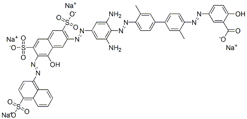 CAS 登录号：68631-12-9， 5-[[4'-[[2,6-二氨基-4-[[8-羟基-3,6-二磺酸基-7-[(4-磺酸基-1-萘基)偶氮]-2-萘基]偶氮]苯基]偶氮]-3,3'-二甲基[1,1'-联苯]-4-基]偶氮]水杨酸四钠