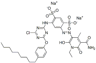 CAS 登录号：71002-15-8， 4-[[5-(氨基羰基)-1-乙基-1,6-二氢-2-羟基-4-甲基-6-氧代吡啶-3-基]偶氮]-6-[[4-氯-6-(4-壬基苯氧基)-1,3,5-三嗪-2-基]氨基]苯-1,3-二磺酸二钠
