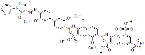 CAS 登录号：71735-54-1， [Mu3-[7-[[6-[[4'-[(4,5-二氢-3-甲基-5-氧代-1-苯基-1H-吡唑-4-基)偶氮]-3,3'-二羟基[1,1'-联苯]-4-基]偶氮]-1,5-二羟基-7-磺基-2-萘基]偶氮]-8-羟基-1,3,6-萘三磺酸(10-)]]四氢三-铜酸盐(4-)