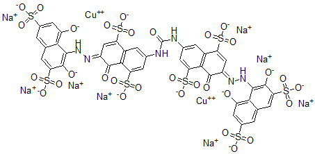 CAS 登录号：72869-84-2， (3E)-3-[(2,8-二氧代-3,6-二磺酸萘-1-基)亚肼基]-7-[[(6E)-6-[(2,8-二氧代-3,6-二磺酸萘-1-基)亚肼基]-5-氧代-4,8-二磺酸萘-2-基]氨基甲酰氨基]-4-氧代萘-1,5-二磺酸二铜八钠盐