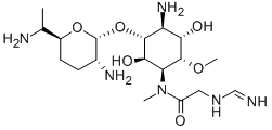CAS 登录号：73196-97-1， N-[4-氨基-3-[3-氨基-6-(1-氨基乙基)四氢吡喃-2-基]氧基-2,5-二羟基-6-甲氧基环己基]-2-(氨基亚甲基氨基)-N-甲基乙酰胺