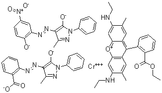 CAS#: 73297-20-8, Chromium(3+) (3E)-9-[2-(ethoxycarbonyl)phenyl]-N-ethyl-6-(ethylamino)-2,7-dimethyl-3H-xanthen-3-iminium 3-methyl-4-[(E)-(5-nitro-2-oxidophenyl)diazenyl]-1-phenyl-1H-pyrazol-5-olate 2-[(3-methyl-5-oxido-1-phenyl-1H-pyrazol-4-yl)diazenyl]benzoate (1:1:1:1)