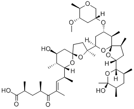 CAS 登录号：73537-10-7， (E)-8-[9-羟基-2-[2-(6-羟基-3,5,6-三甲基四氢吡喃-2-基)-9-(5-甲氧基-6-甲基四氢吡喃-2-基)氧基-4,10-二甲基-1,6-二氧杂螺[4.5]癸烷-7-基]-2,8-二甲基-1,6-二氧杂螺[4.5]癸烷-7-基]-2,4,6-三甲基-5-氧代壬-6-烯酸