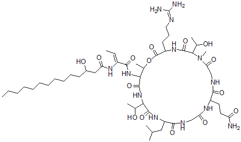 CAS 登录号：74188-24-2， N-[(Z)-1-[[12-(3-氨基-3-氧代丙基)-3-[3-(二氨基亚甲基氨基)丙基]-6,21-二(1-羟基乙基)-7,25-二甲基-18-(2-甲基丙基)-2,5,8,11,14,17,20,23-八氧代-1-氧杂-4,7,10,13,16,19,22-七氮杂环二十五烷-24-基]氨基]-1-氧代丁-2-烯-2-基]-3-羟基十四烷酰胺