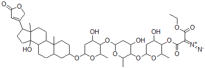 CAS 登录号：74746-51-3， (Z)-2-偶氮基-1-乙氧基-3-[4-羟基-6-[4-羟基-6-[4-羟基-6-[[14-羟基-10,13-二甲基-17-(5-氧代-2H-呋喃-3-基)-1,2,3,4,5,6,7,8,9,11,12,15,16,17-十四氢环戊烯并[a]菲-3-基]氧基]-2-甲基四氢吡喃-3-基]氧基-2-甲基四氢吡喃-3-基]氧基-2-甲基四氢吡喃-3-基]氧基-3-氧代丙-1-烯-1-醇