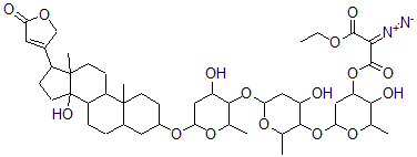 CAS 登录号：74753-41-6， (Z)-2-偶氮基-1-乙氧基-3-[3-羟基-6-[4-羟基-6-[4-羟基-6-[[14-羟基-10,13-二甲基-17-(5-氧代-2H-呋喃-3-基)-1,2,3,4,5,6,7,8,9,11,12,15,16,17-十四氢环戊烯并[a]菲-3-基]氧基]-2-甲基四氢吡喃-3-基]氧基-2-甲基四氢吡喃-3-基]氧基-2-甲基四氢吡喃-4-基]氧基-3-氧代丙-1-烯-1-醇